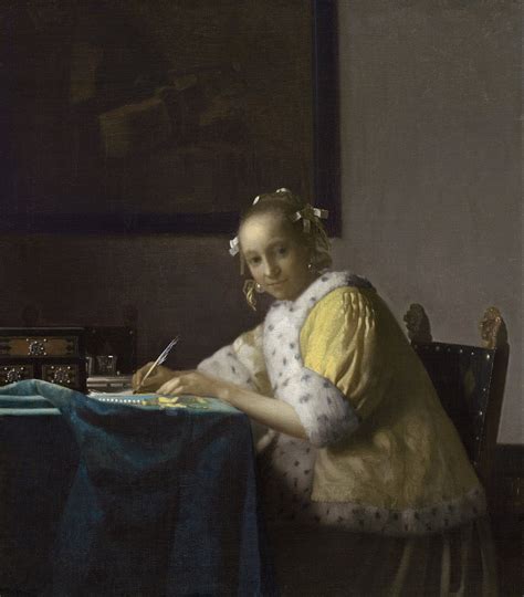 schrijvende vrouw in het geel|Johannes Vermeer Schrift: Schrijvende Vrouw in het Geel